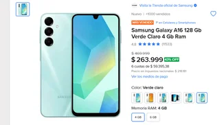 Samsung Galaxy A16 lidera ventas en Mercado Libre en 2026