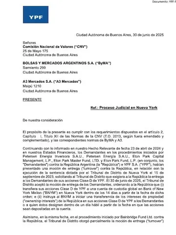 La carta que YPF envío a la CNV (primera parte).
