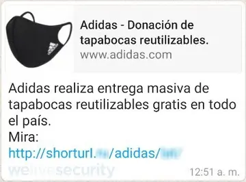 Mensaje recibido a través de la aplicación WhatsApp en el dispositivo móvil.