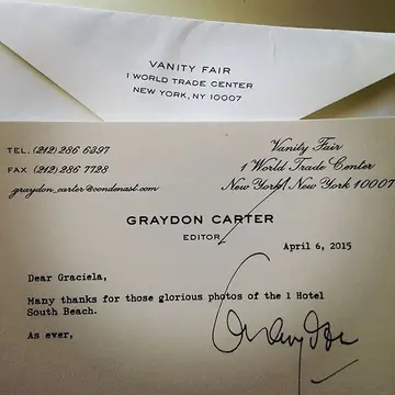 Carta de agrdecimiento del editor de Vanity Fair para Graciela