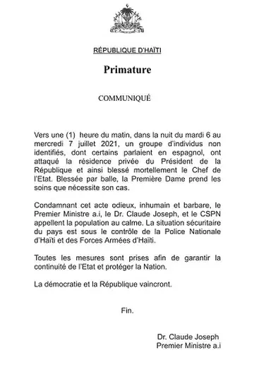 El comunicado del primer ministro haitiano