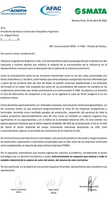 La misiva que elevaron las entidades y SMATA.