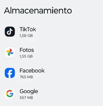 En almacenamiento > Aplicaciones, podés ver cuánto espacio ocupan las aplicaciones.