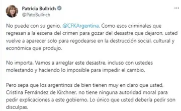 La respuesta de Patricia Bullrich al documento de Cristina Kirchner contra Milei
