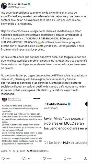 La chicana de Cristina Kirchner por el recrudecimiento monetario