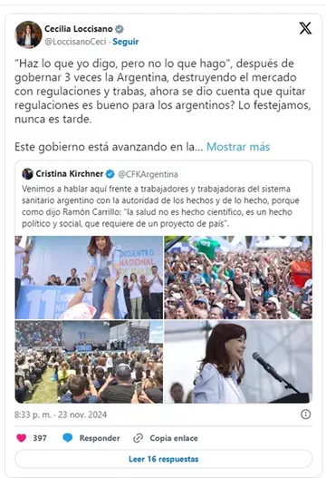 Loccisano cuestionó la postura de la ex mandataria
