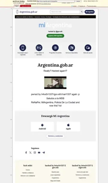 El sitio Mi Argentina alterado por el hacker.