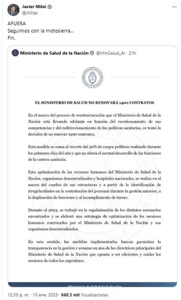 El tuit de Javier Milei sobre las últimas medidas