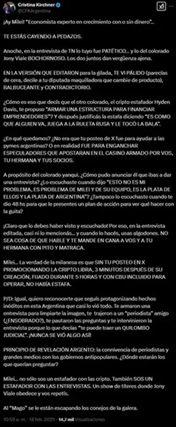 Cristina Kirchner apuntó contra Javier Milei tras la entrevista en TN: 'Te estás cayendo a pedazos'