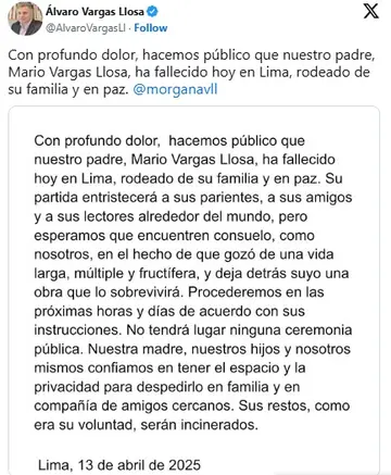 La familia de Mario Vargas Llosa anunció su fallecimiento a través de las redes