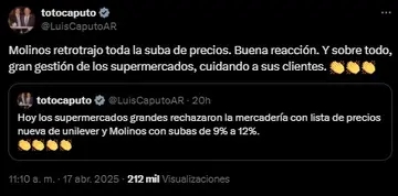 Luis Caputo festejó que Molinos retrotrajo la suba de precios