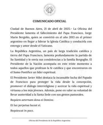 La Oficina del Presidente emitió un comunicado para despedir al Sumo Pontífice.