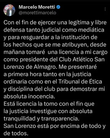Acorralado por la denuncia de corrupción, Marcelo Moretti se aleja de San Lorenzo