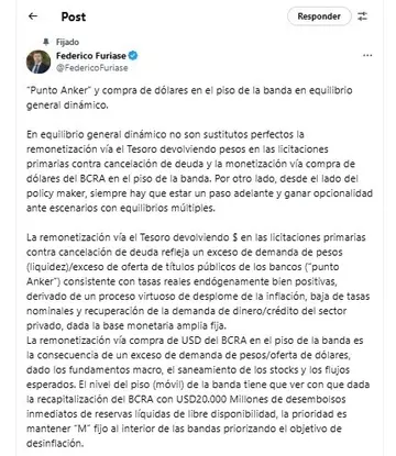Tuit del director del BCRA, Federico Furiase