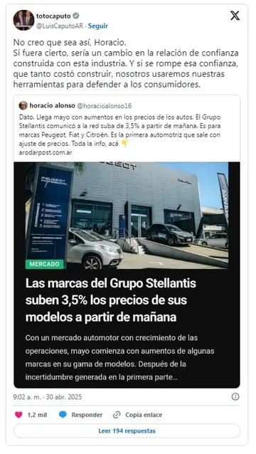 Luis Caputo advirtió a automotrices por posibles subas de precios