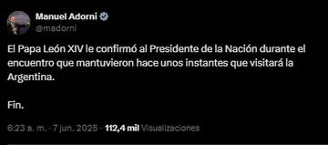 Manuel Adorni confirmó la visita del Papa a la Argentina