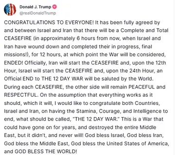 El mensaje de Donald Trump en el que anunció un alto el fuego entre Irán e Israel