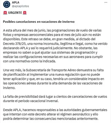 El comunicado del sindicato de pilotos, que encabeza Pablo Biró