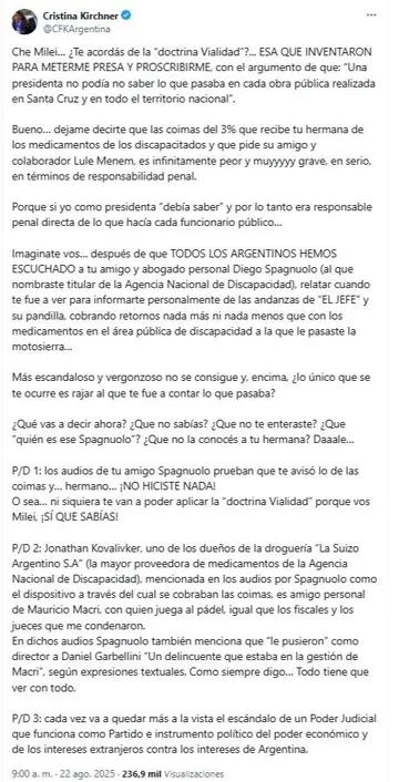 El tuit de Cristina Kichner contra Javier Milei