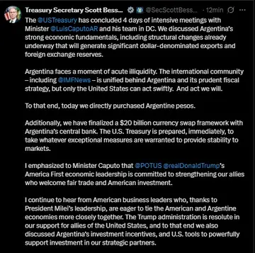 El anuncio de Scott Bessent, tras reunirse con Luis Caputo.