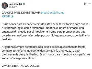 Milei agradeció al presidente Trump por su invitación a participar en el Board of Peace