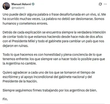 El mensaje de Adorni luego de la polémica