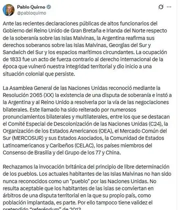 El mensaje de Pablo Quirno sobre Malvinas