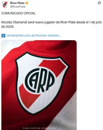 Otamendi firmó contrato con River y así lo comunica el club