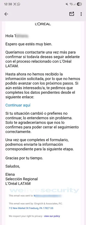 Estafa laboral a nombre de L'Oréal, identificada por ESET