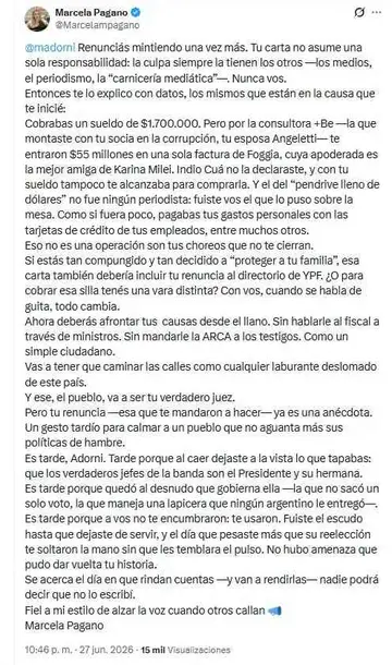 El posteo de Marcela Pagano contra Adorni.
