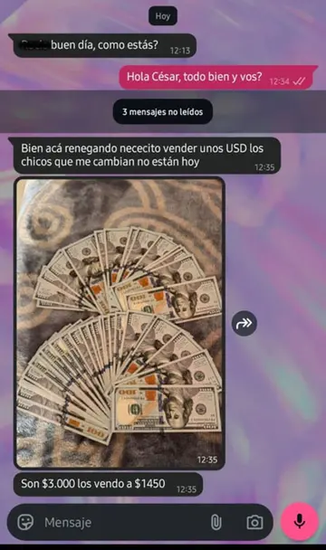 Otro mensaje del estafador, con una cotización inferior del dólar.