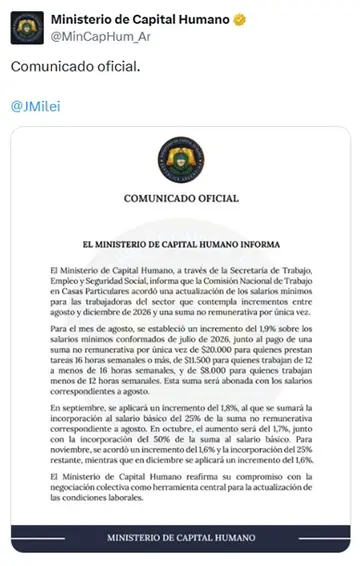Se acordó un nuevo aumento de sueldo para empleadas domésticas de agosto a diciembre 2026