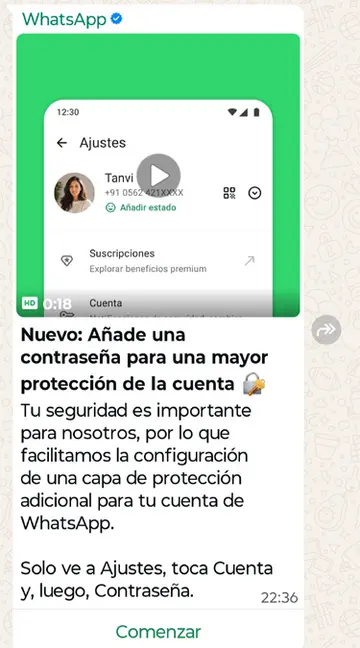 Mensaje enviado por WhatsApp acerca de la nueva contraseña.