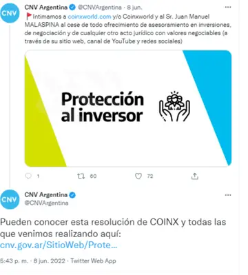 El tuit que publicó la CNV