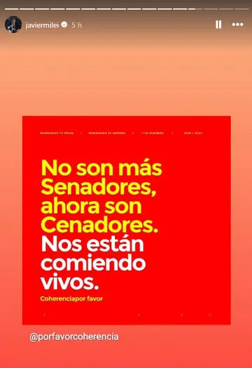 Javier Milei posteó en contra de los senadores