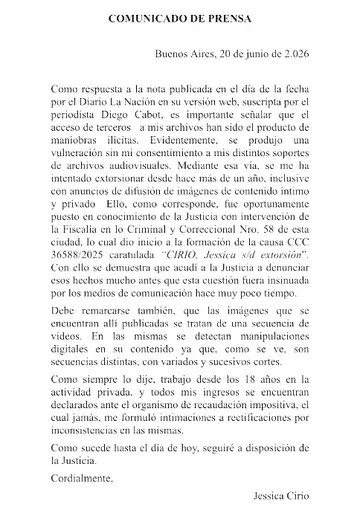 El comunicado que difundió Jésica Cirio, tras la difusión de sus videos.