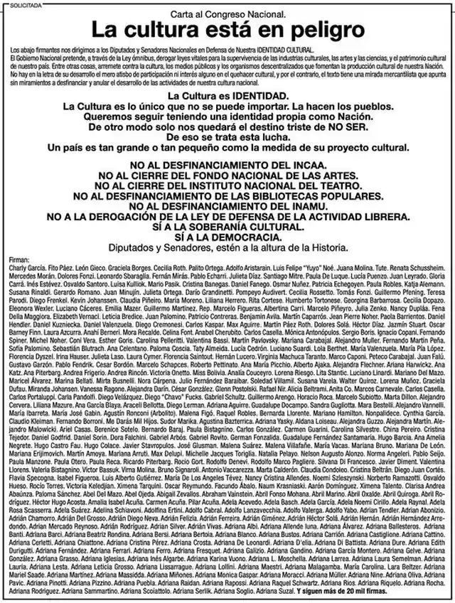 Carta de 20.000 referentes de la cultura contra la Ley Ómnibus