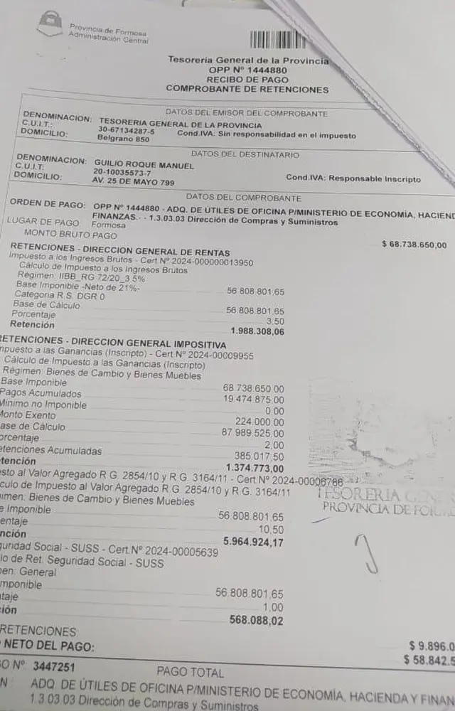 El comprobante de pago de los manuales destinados a escuelas primarias en Formosa.