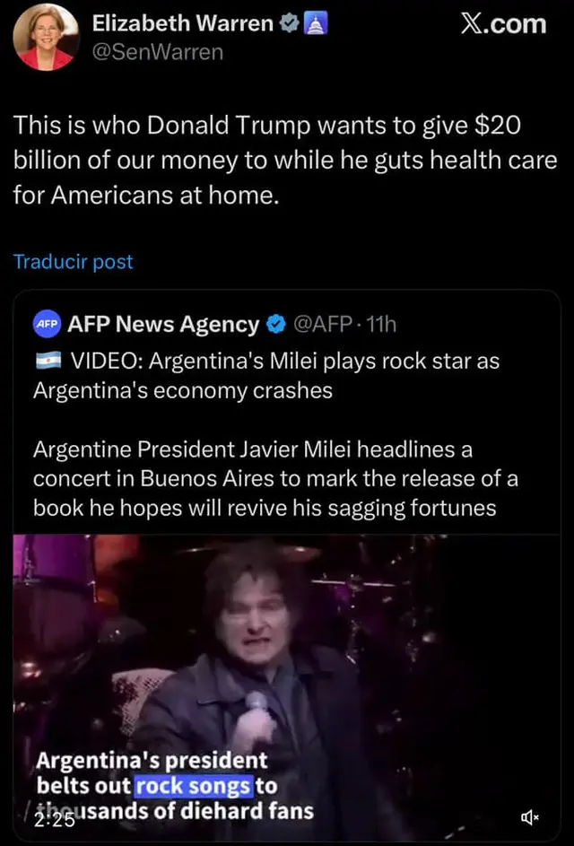 La senadora adjuntó un video de Javier Milei en el Movistar Arena