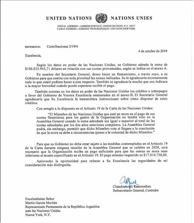 Carta de la ONU en la que se confirma la deuda.