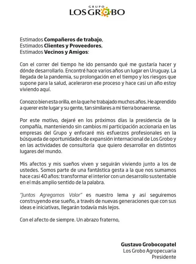 La carta de despedida que envió Gustavo Grobocopatel.