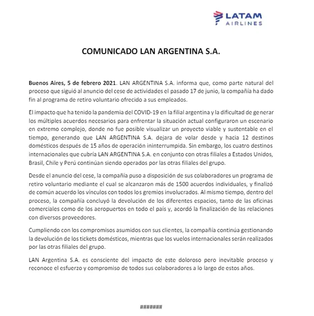 El comunicado que difundió la empresa para comunicar su cierre definitivo