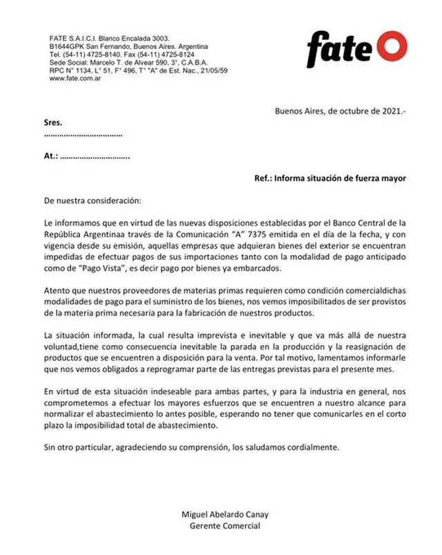La carta que envió la compañía.