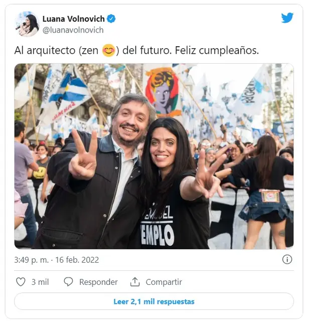 La funcionaria volvió a las redes sociales para saludar a Máximo Kirchner por su cumpleaños