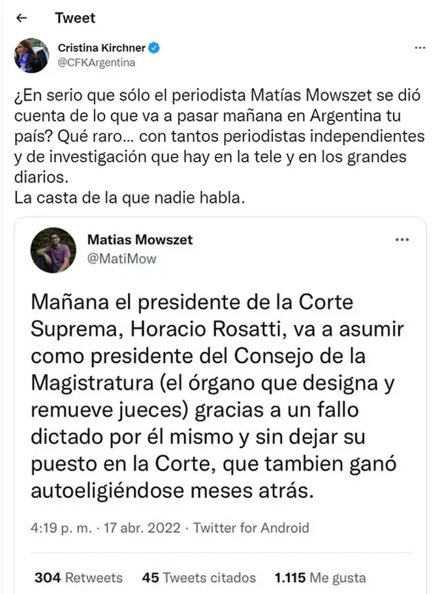 Cristina Kirchner volvió a apuntar contra los jueces de la Corte