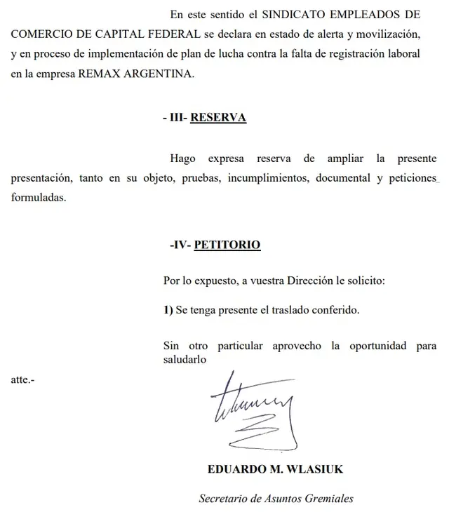 El cierre del documento emitido por el Sindicato de Comercio.