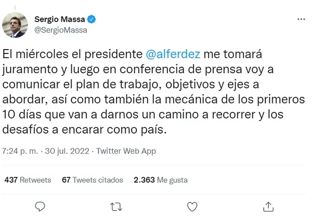 En Twitter, Massa anunció sus próximos pasos