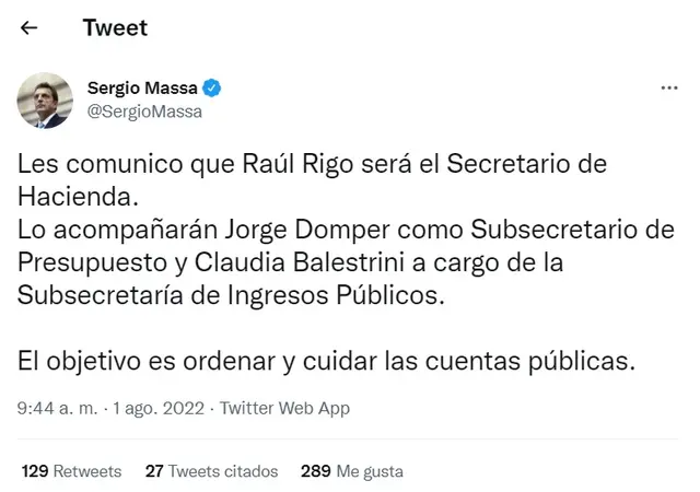 Massa anunció por Twitter a sus primeros colaboradores