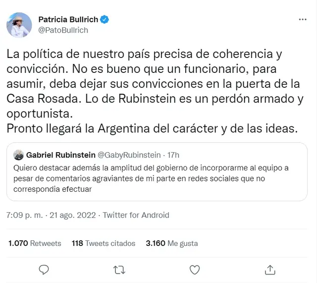 Patricia Bullrich pidió coherencia