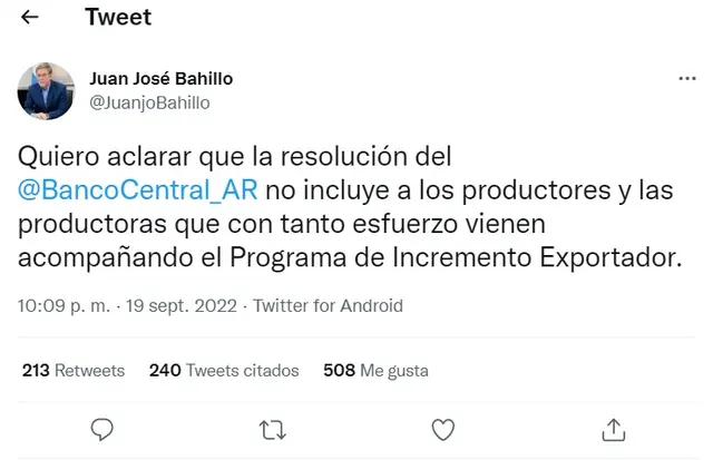 Aclaración d el secretario de Agricultura José Bahillo 